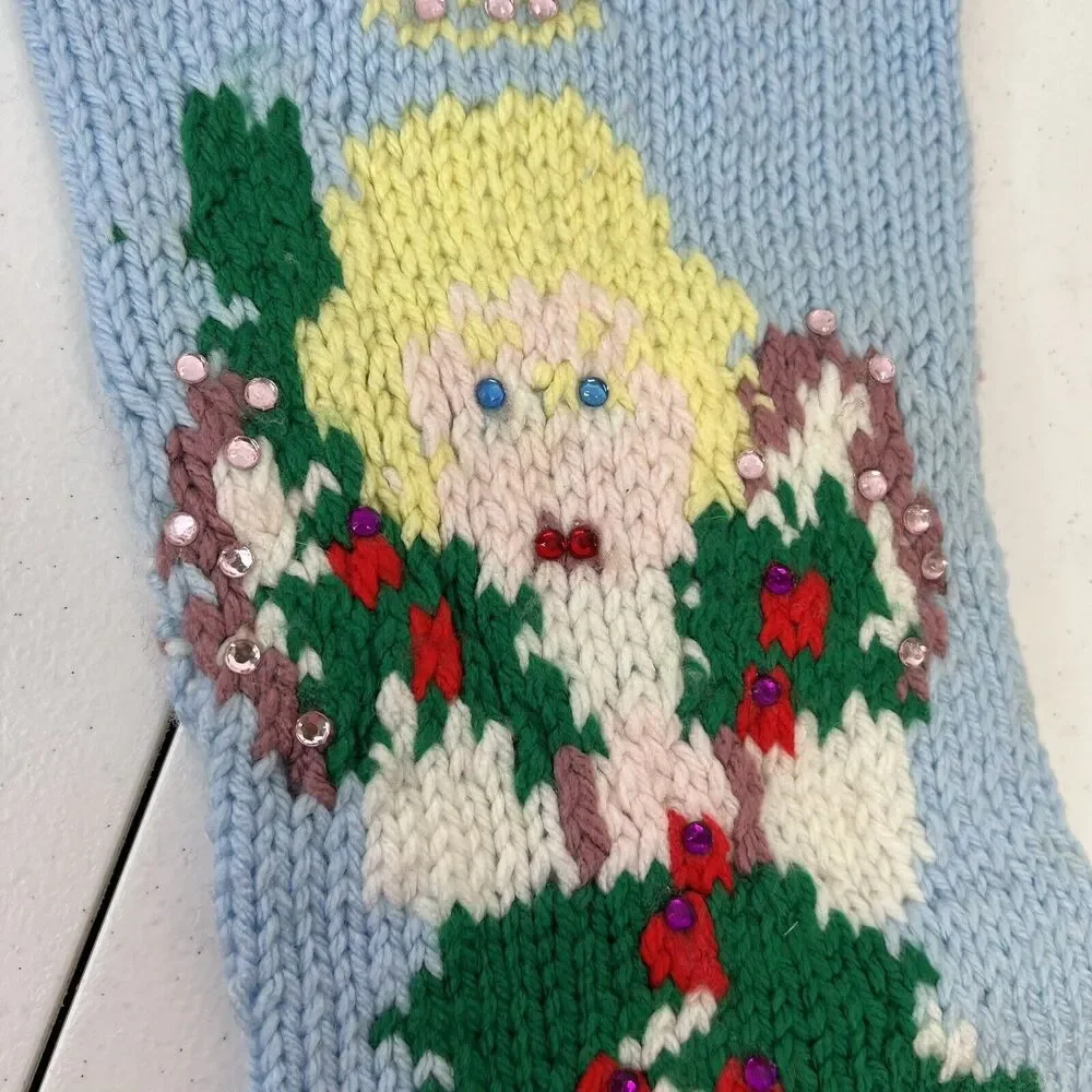 Knitted‎ Christmas Stocking Angel Bird Dove Blue Rustic Farmhouse Holiday Decor